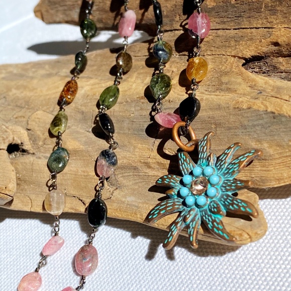 Genuine Multicolor Tourmaline Gemstone Turquoise Sun Necklace - Picture 7 of 8